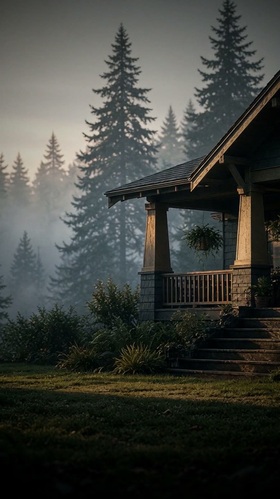 A craftsman rental home in morning fog among fir trees