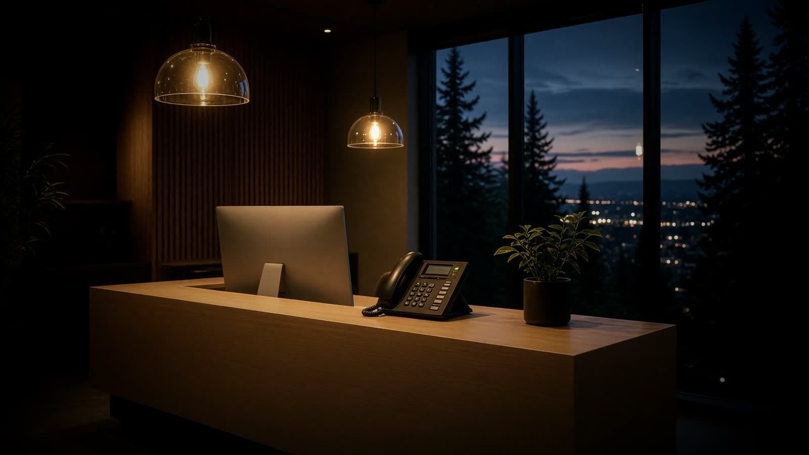 A reception desk with a phone, lit at night