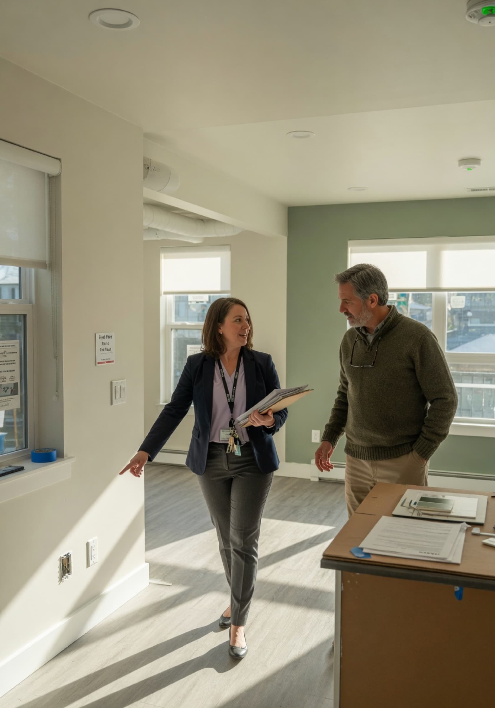 A professional property manager and a property owner walking through a Bellingham apartment community