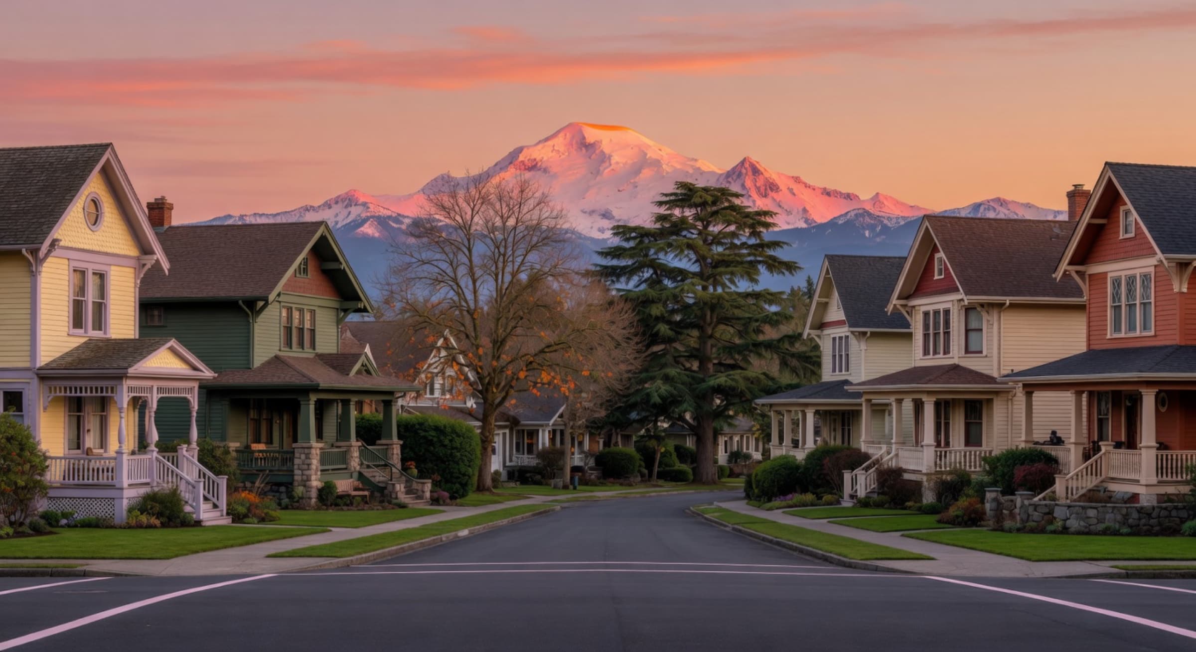A row of well-maintained Bellingham homes with Mt. Baker glowing in the distance