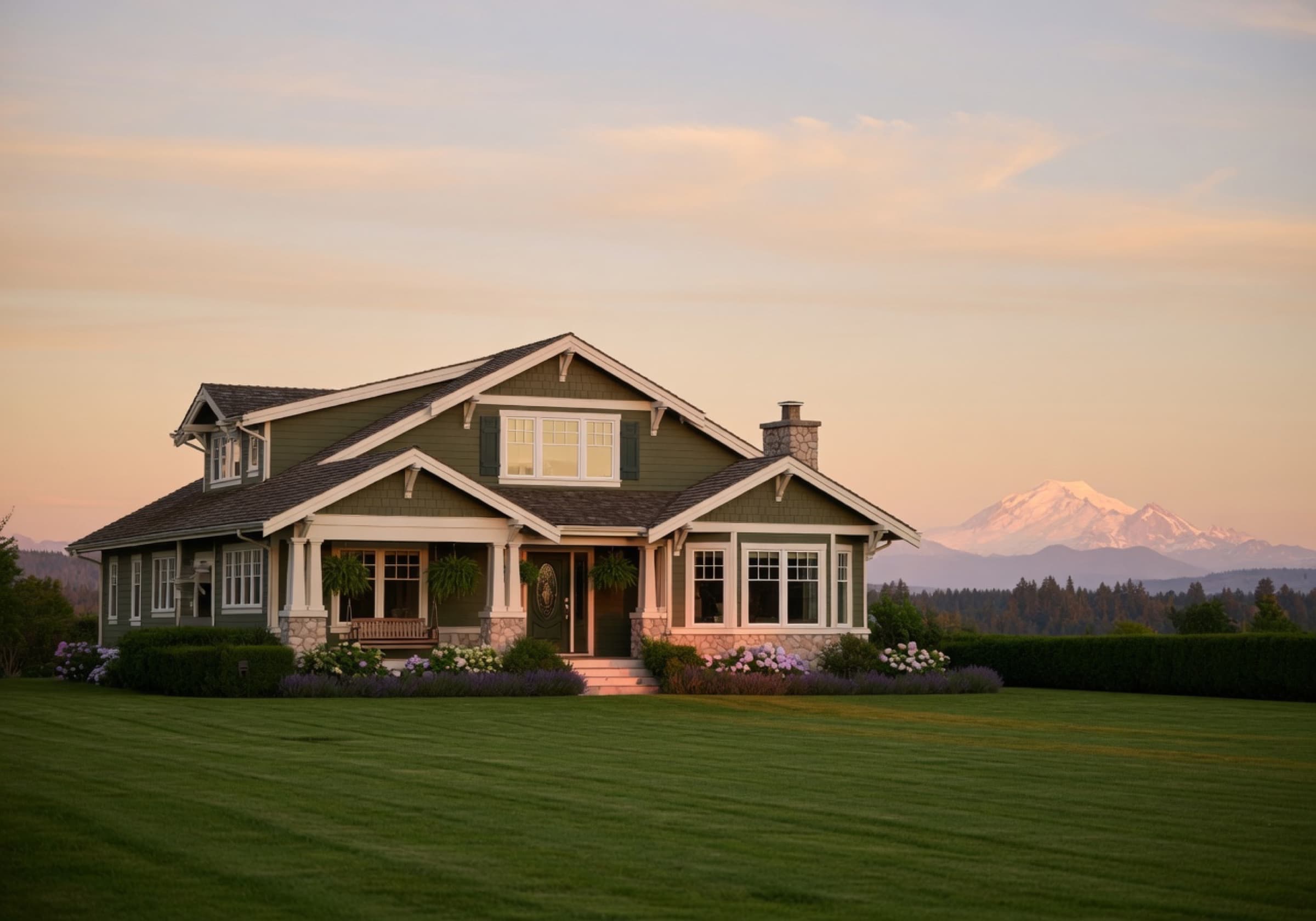 A handsome Pacific Northwest craftsman estate home at golden hour with Mt. Baker in the distance