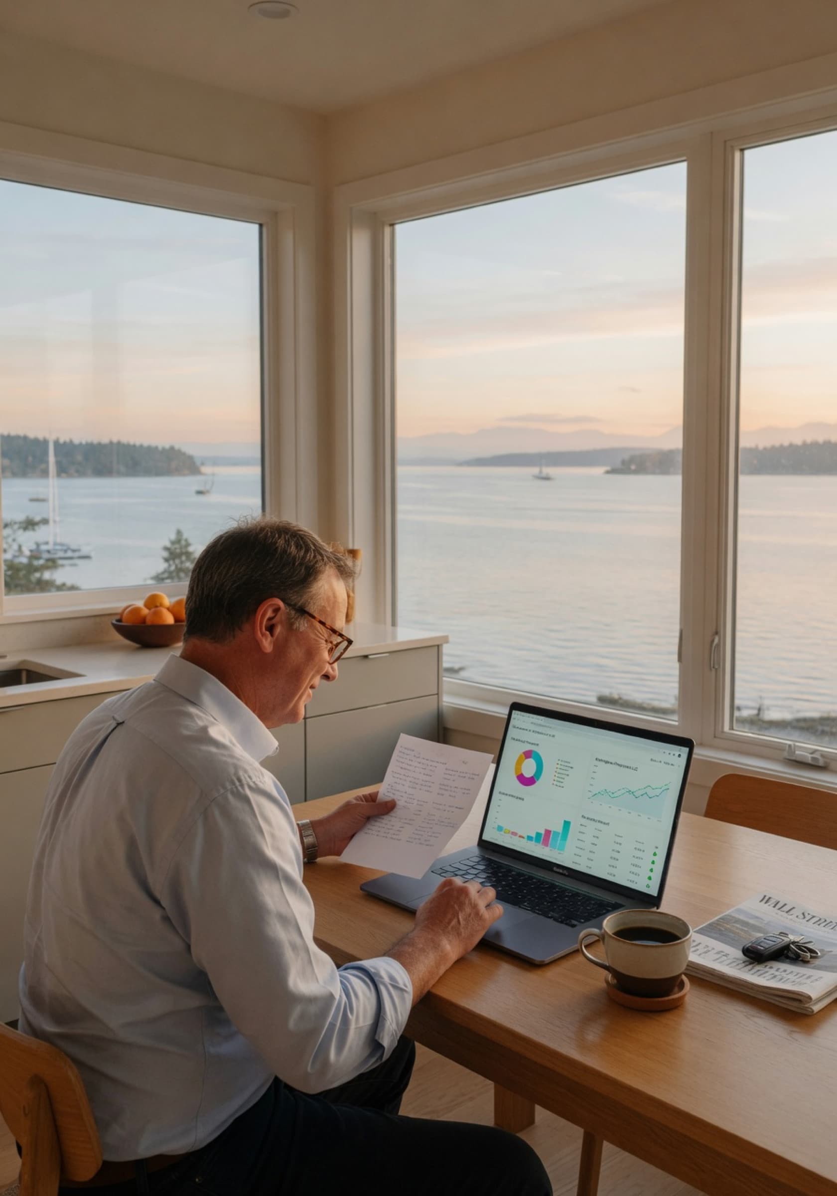 A Bellingham property owner reviewing rental performance on a laptop at a sunlit kitchen counter