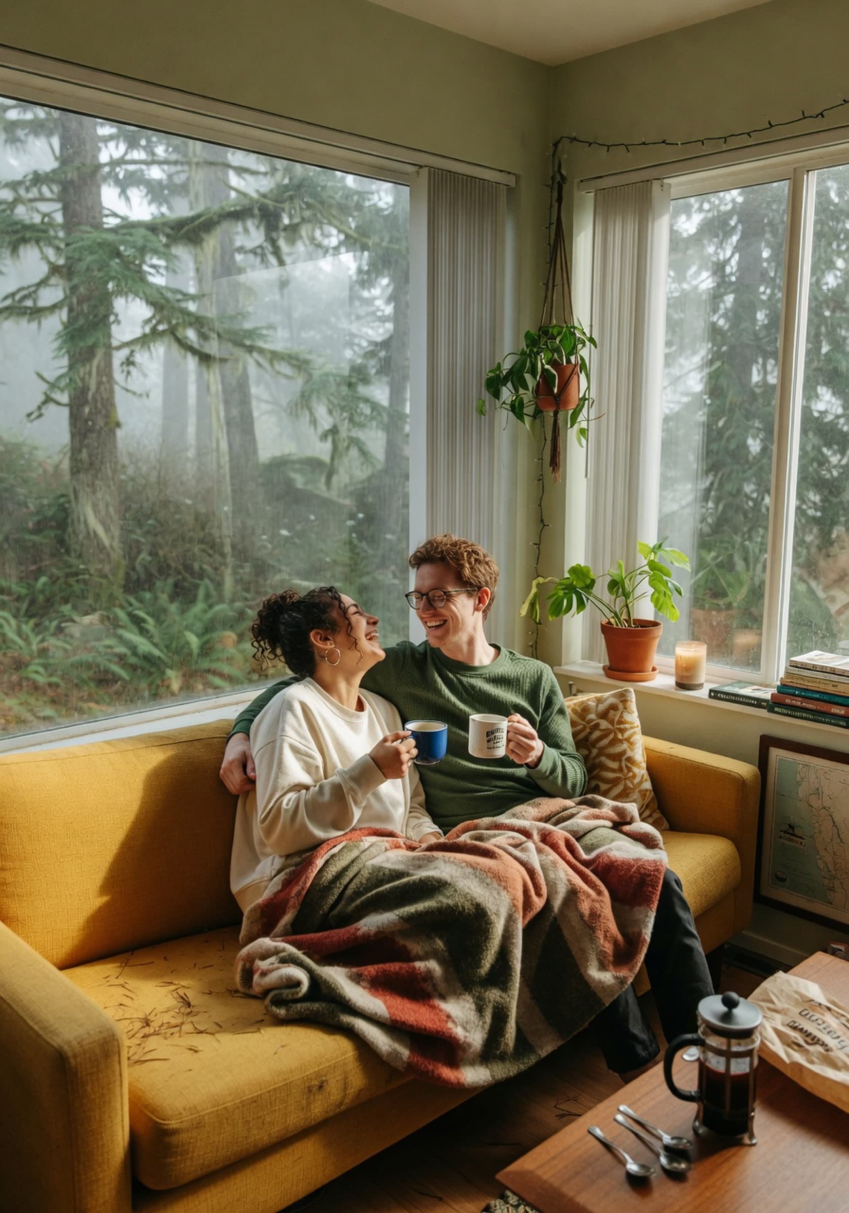 A young couple laughing over coffee on a yellow sofa in a Bellingham apartment with floor-to-ceiling windows looking out onto misty cedar trees