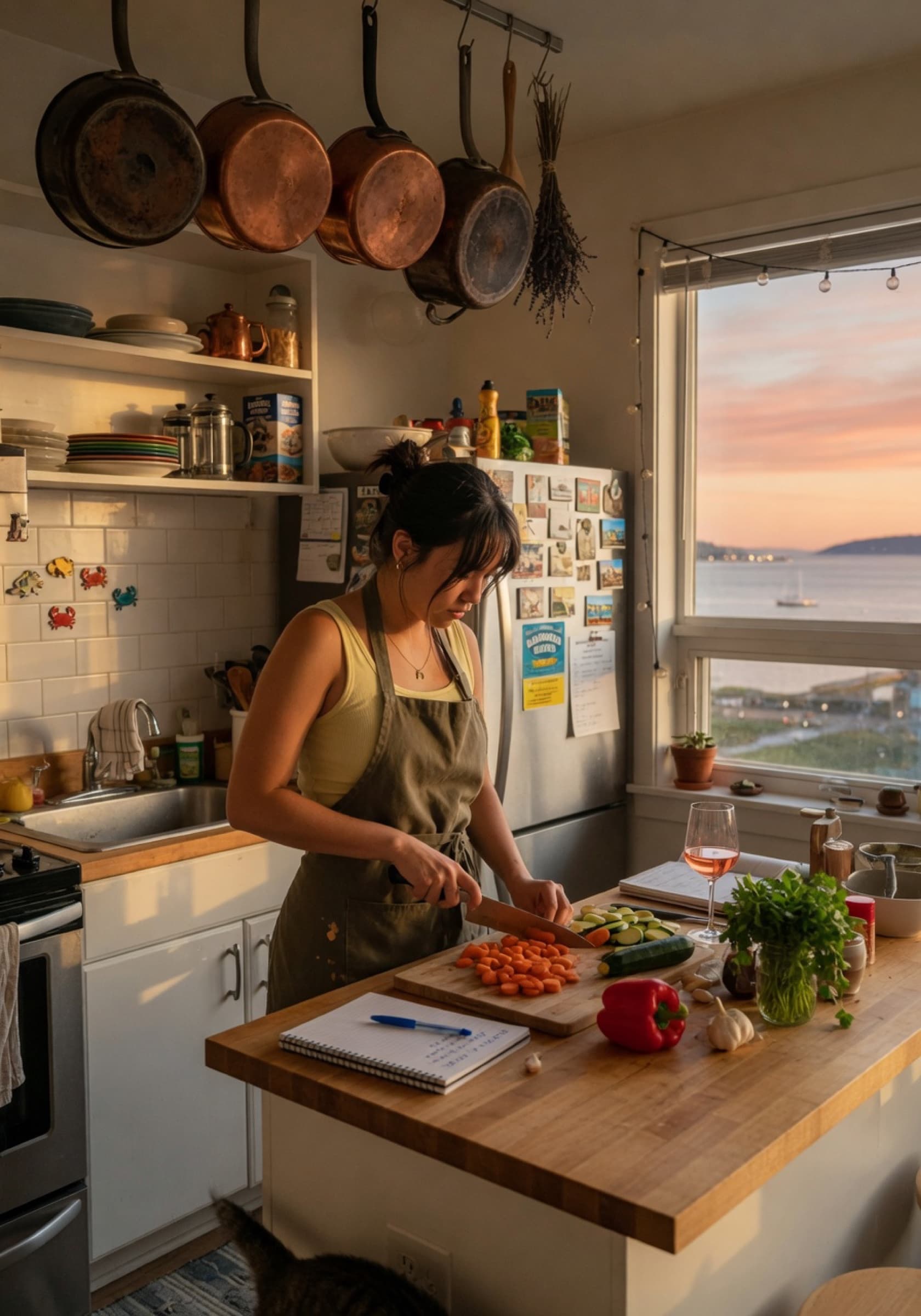 A young woman cooking dinner in a sun-filled Bellingham apartment kitchen with a hint of Bellingham Bay through the window