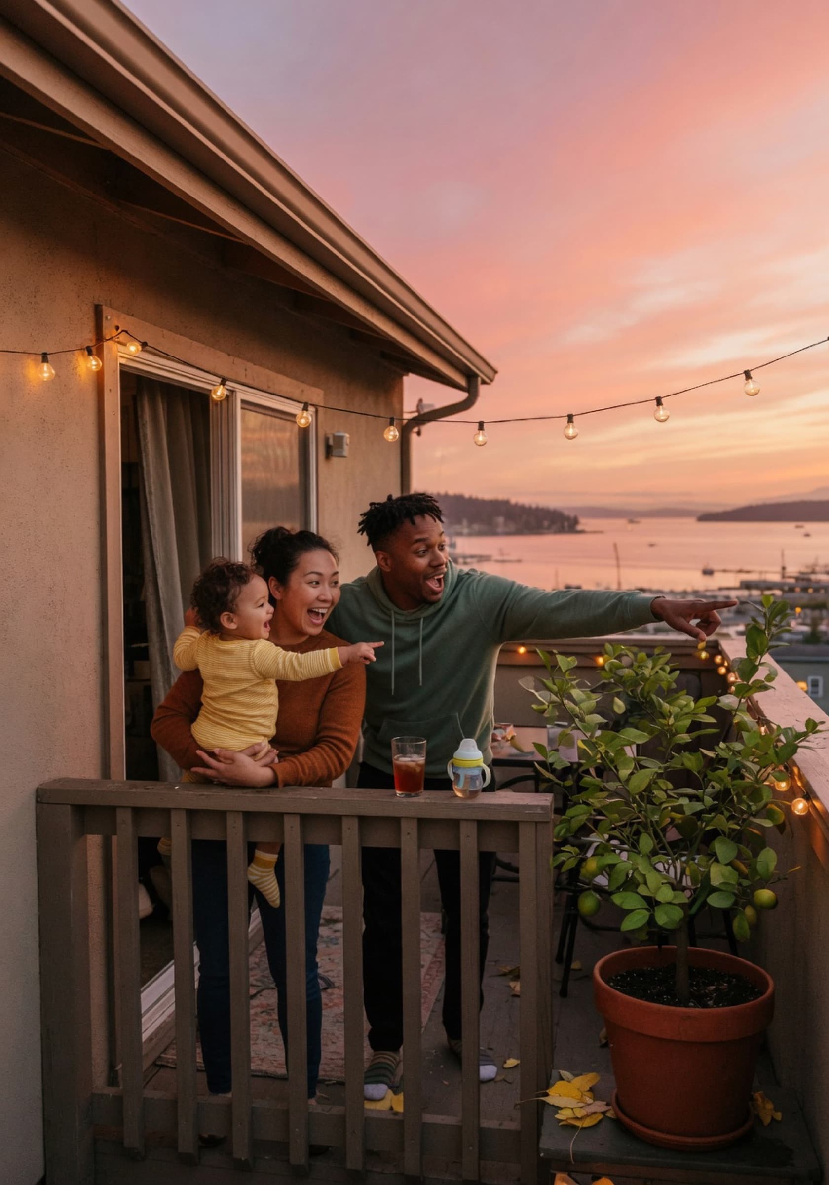 A multi-racial family of three on the balcony of their Bellingham apartment at sunset, watching the bay