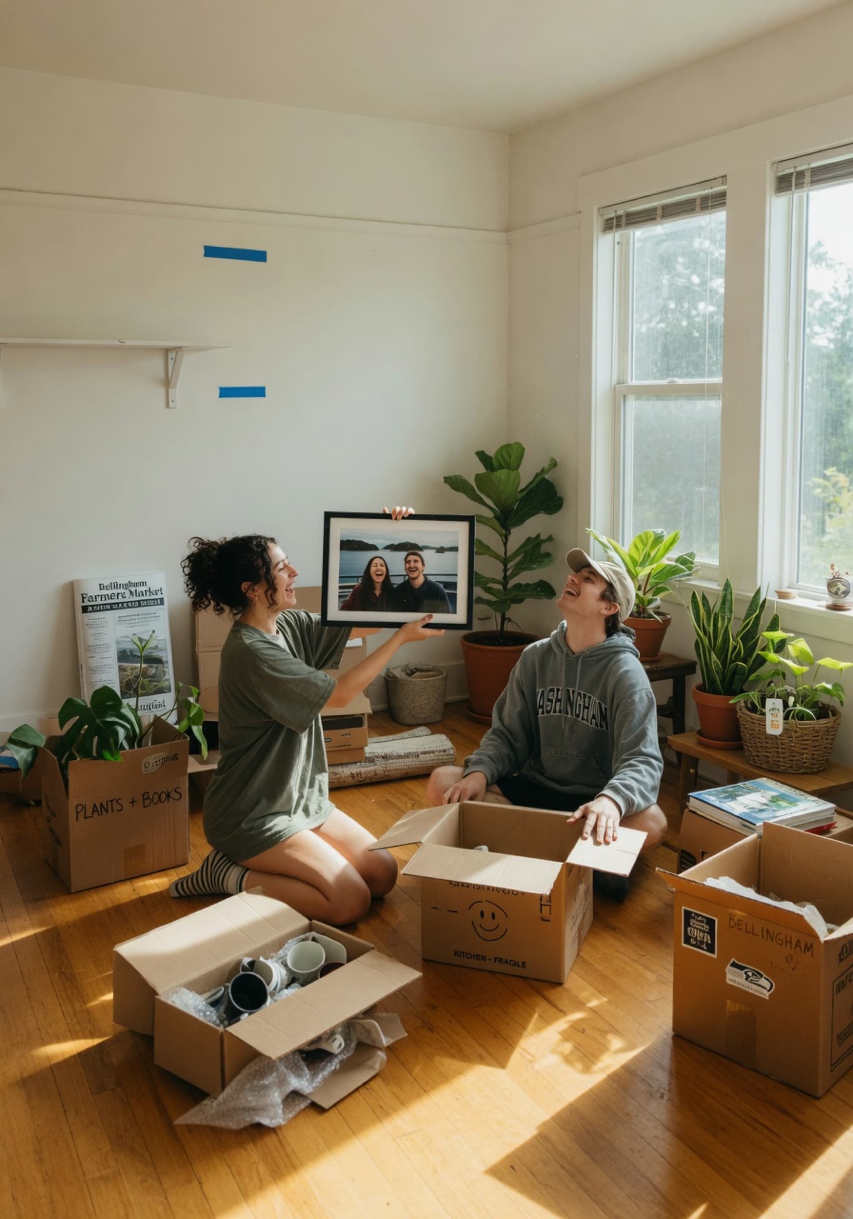 A young couple unpacking boxes in their new sunny Bellingham apartment, holding up a framed photo, laughing
