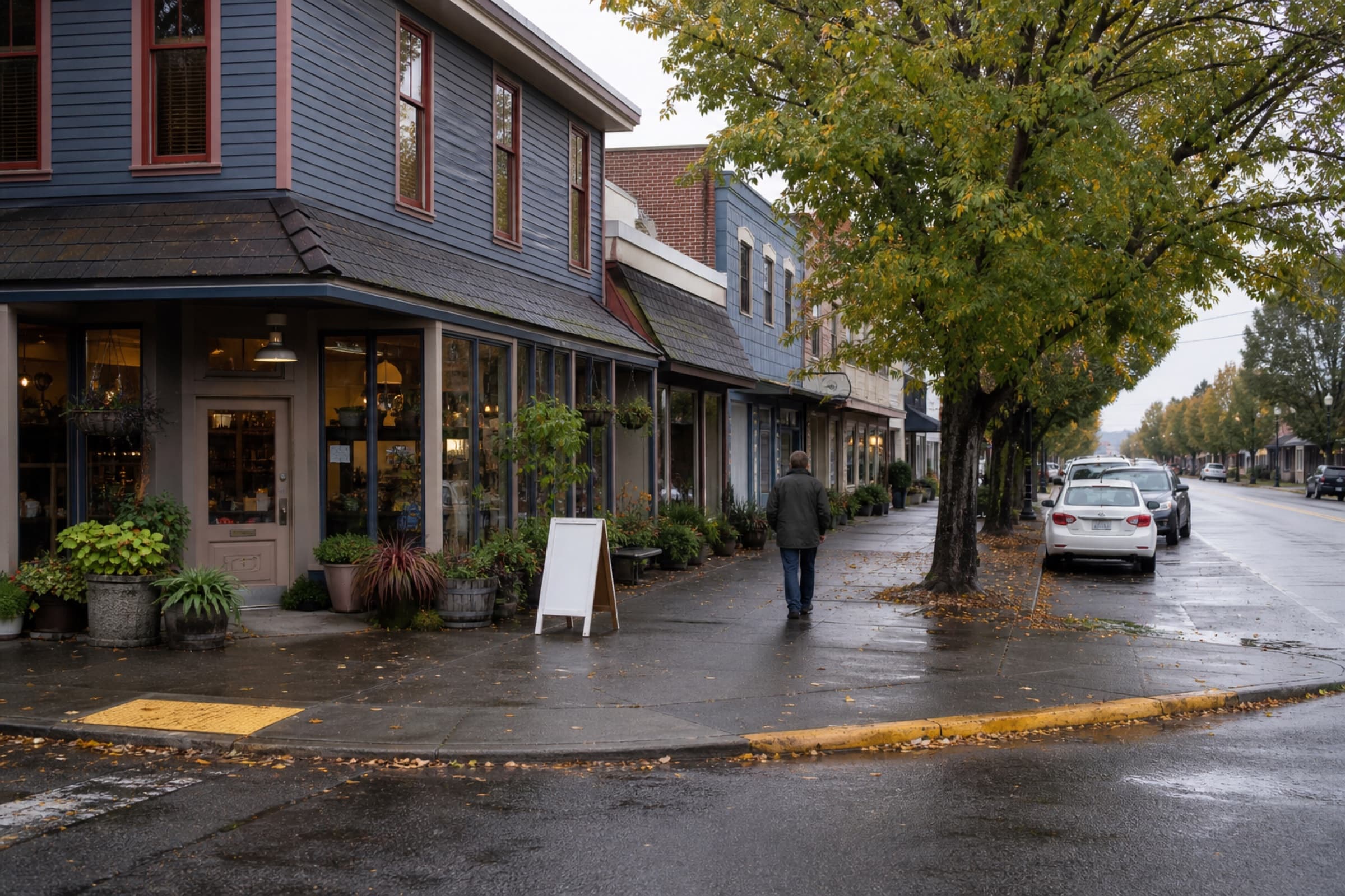 A neighborhood corner shop with painted siding and street trees after rain
