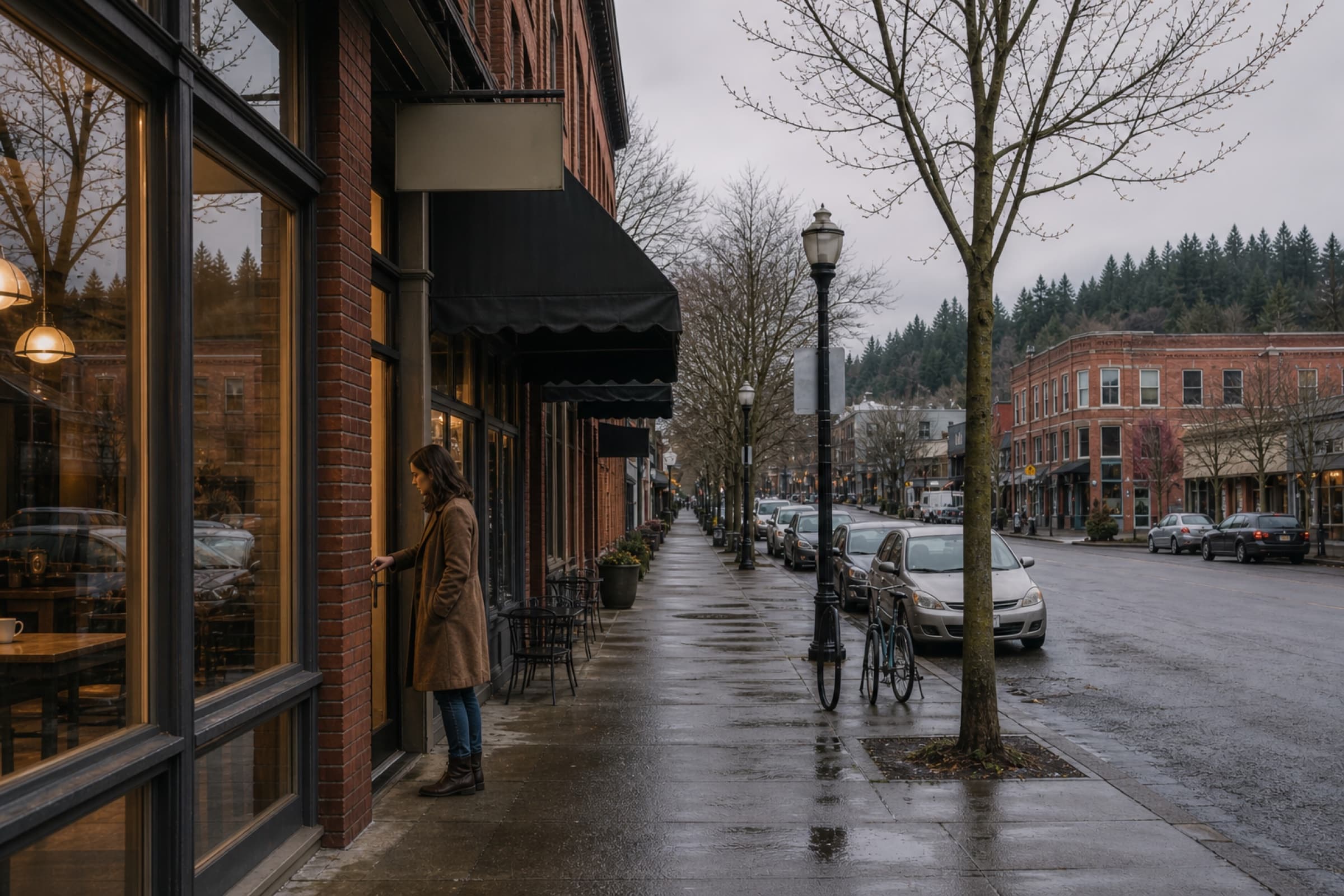 A commercial tenant unlocking her brick storefront on a wet Bellingham morning
