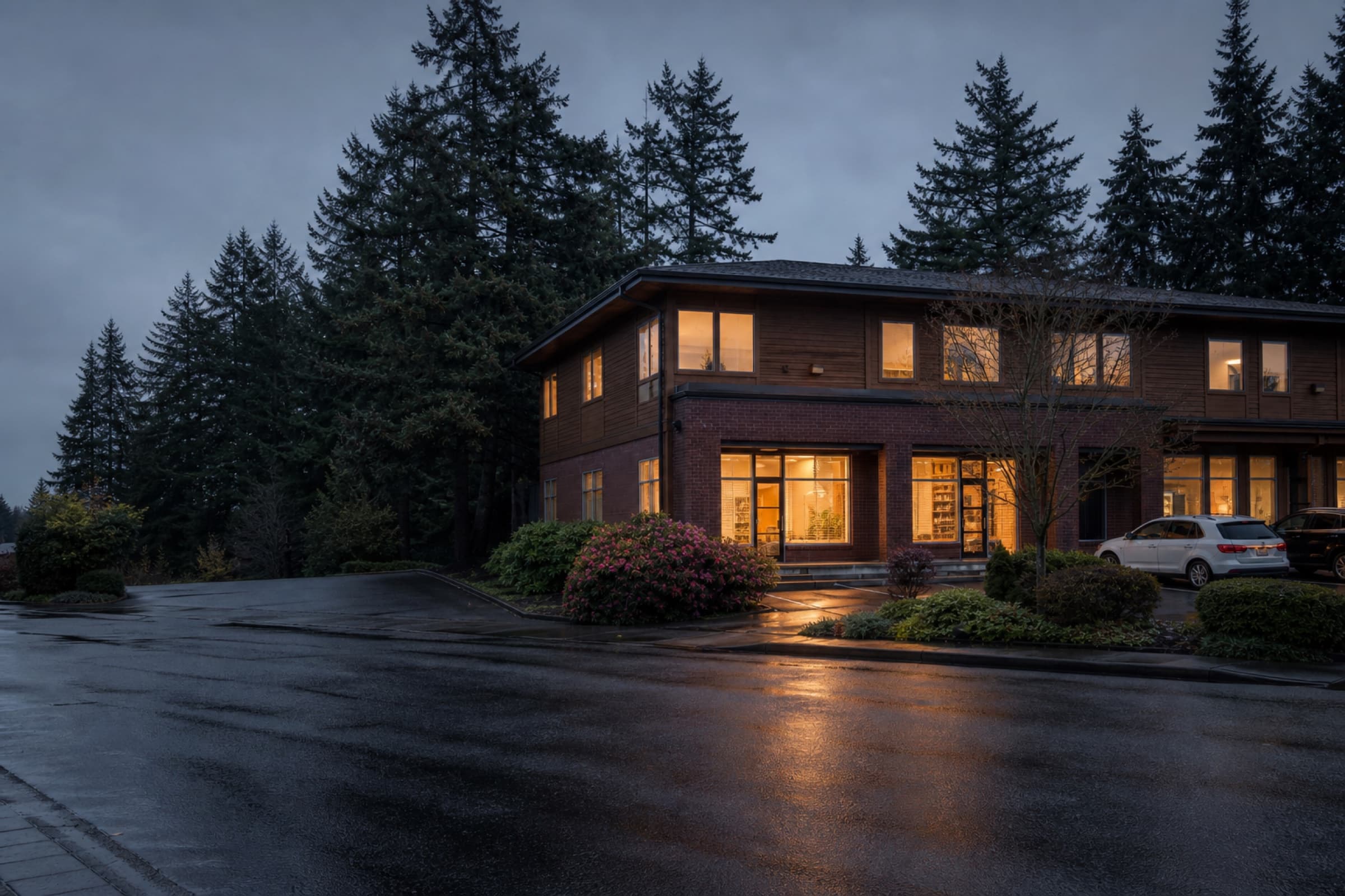 A brick and wood flex building glowing at dusk against Pacific Northwest evergreens